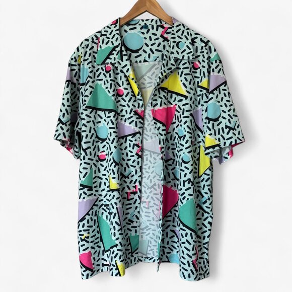 Retro 80s 90s Geometric Pattern Short Sleeve Button Down Shirt - Picture 5 of 10